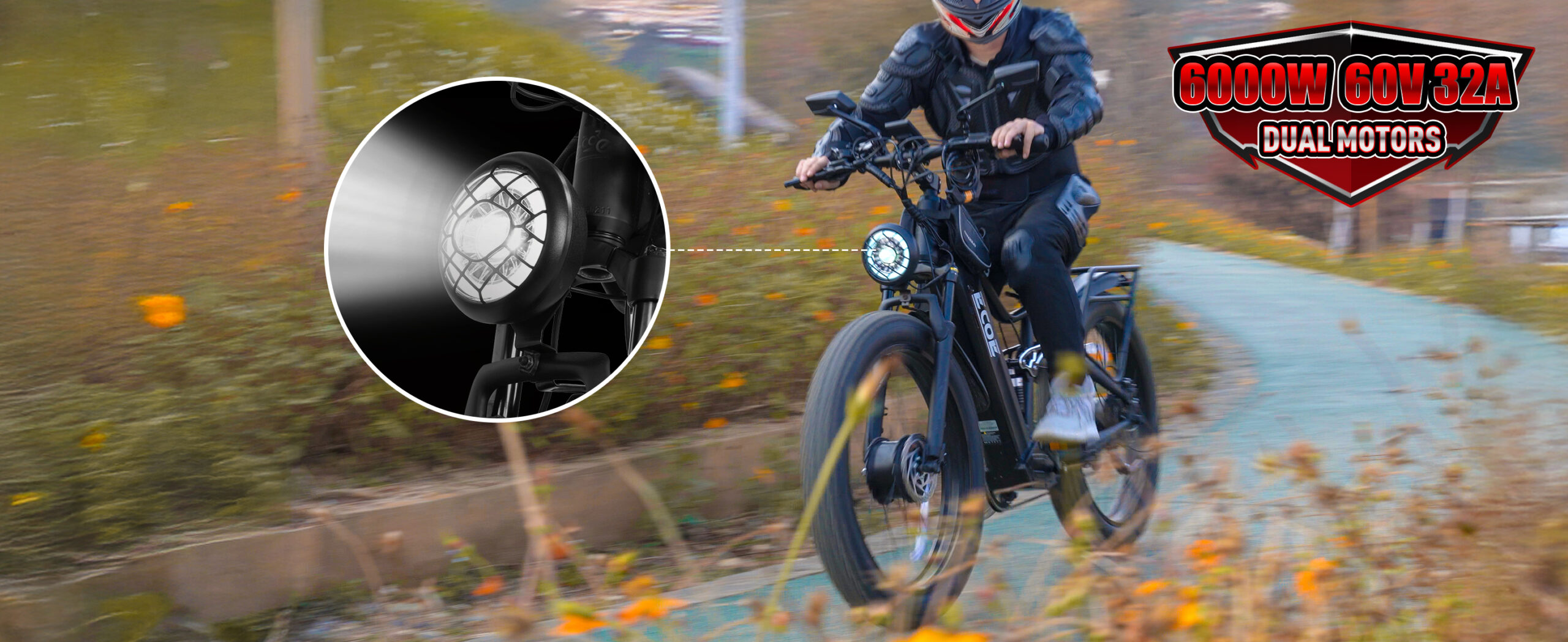 EcoE 6000W Dual Motor Electric Bike for Adults 52MPH with 60V32A, 26×4 Fat Tire All Terrain Ebikes, Full Suspension E Bike, SHM 7-Speed Gear Electric Bicycle