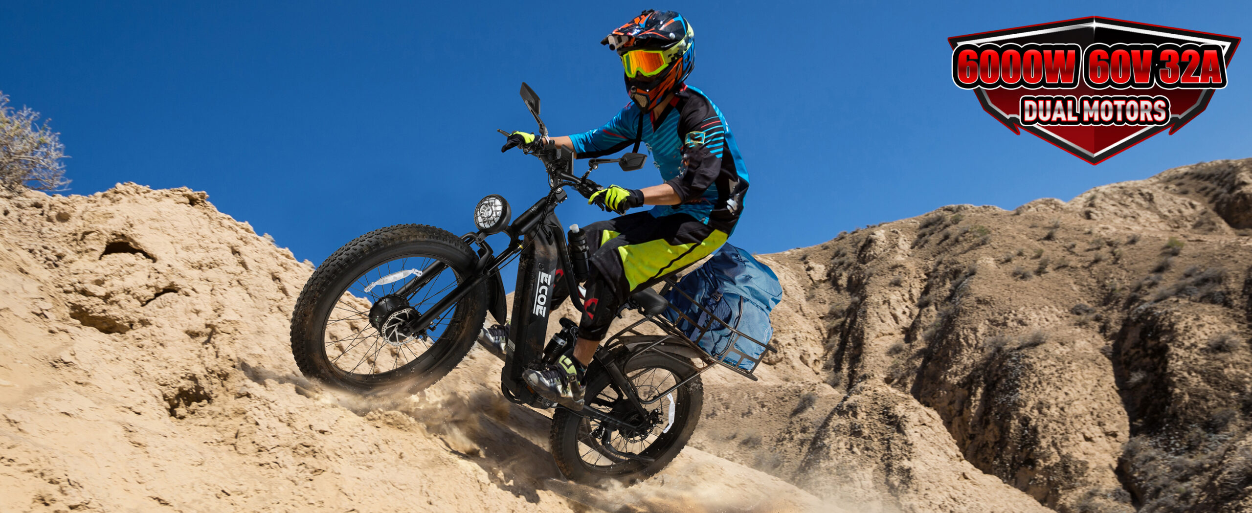 EcoE 6000W Dual Motor Electric Bike for Adults 52MPH with 60V32A, 26×4 Fat Tire All Terrain Ebikes, Full Suspension E Bike, SHM 7-Speed Gear Electric Bicycle