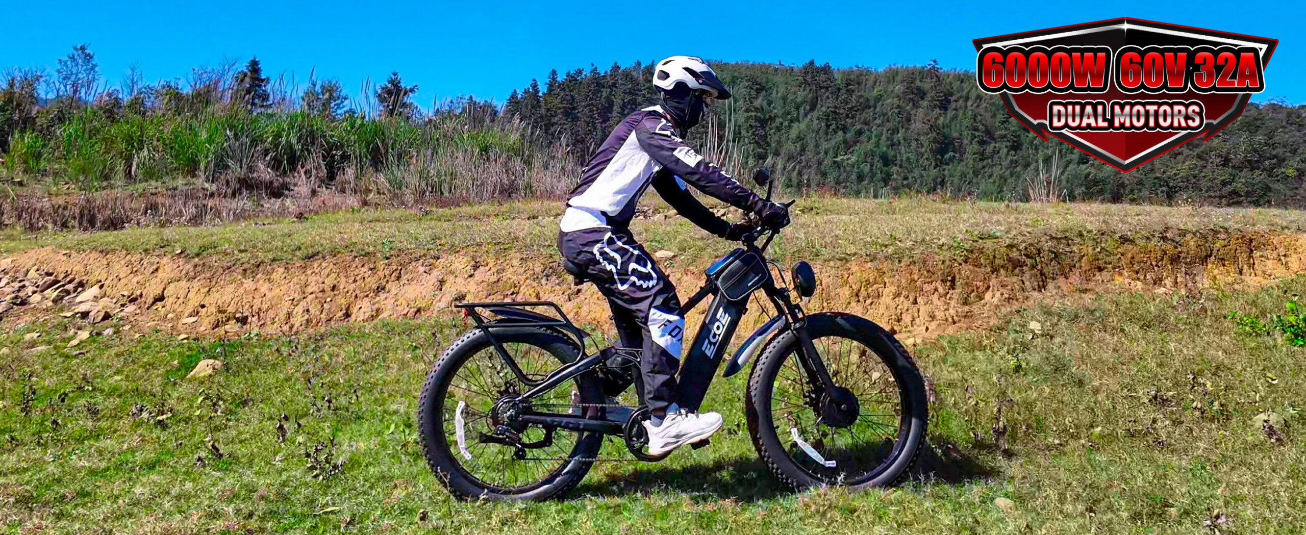 EcoE 6000W Dual Motor Electric Bike for Adults 52MPH with 60V32A, 26×4 Fat Tire All Terrain Ebikes, Full Suspension E Bike, SHM 7-Speed Gear Electric Bicycle