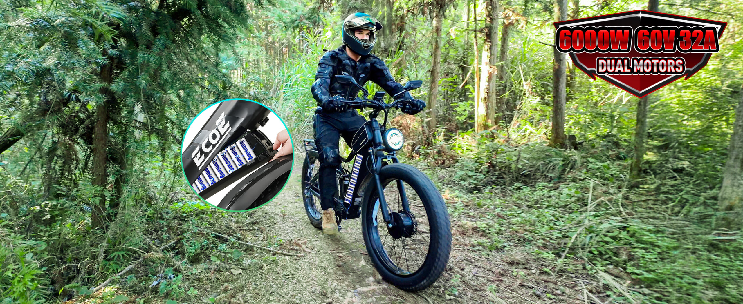 EcoE 6000W Dual Motor Electric Bike for Adults 52MPH with 60V32A, 26×4 Fat Tire All Terrain Ebikes, Full Suspension E Bike, SHM 7-Speed Gear Electric Bicycle