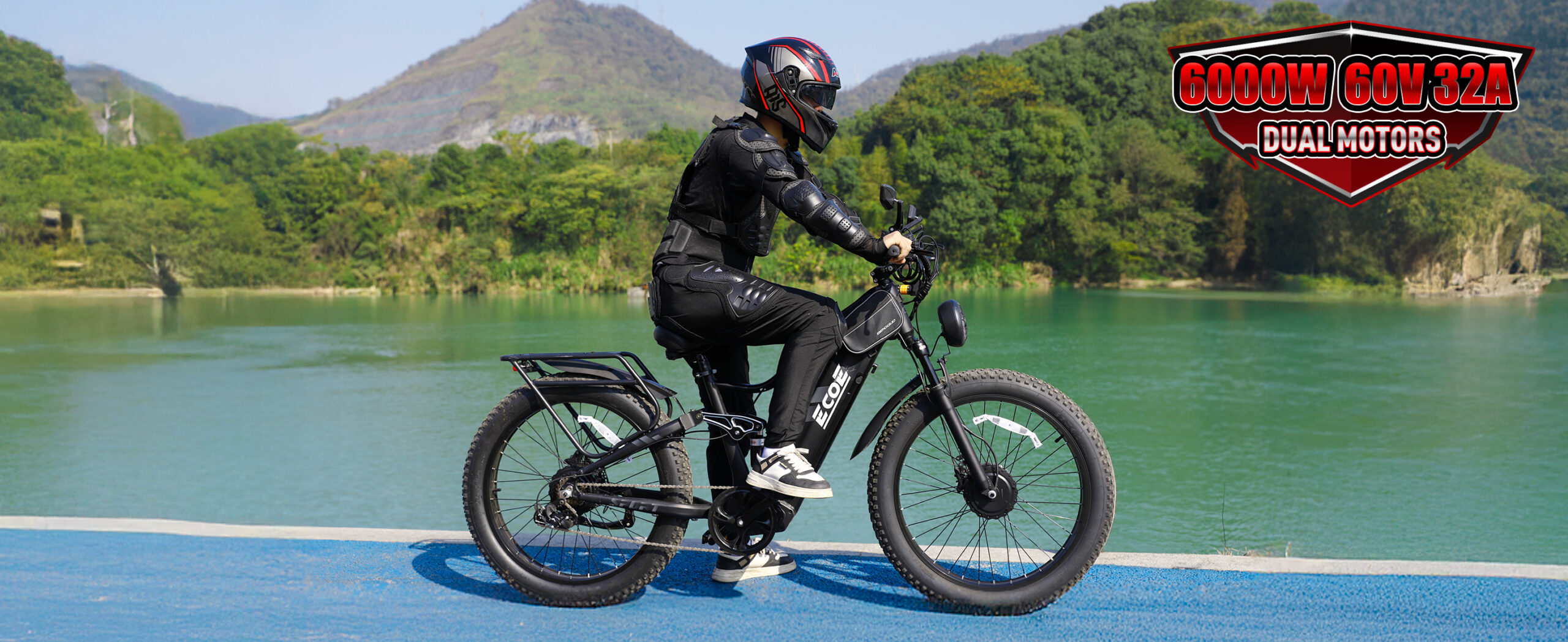 EcoE 6000W Dual Motor Electric Bike for Adults 52MPH with 60V32A, 26×4 Fat Tire All Terrain Ebikes, Full Suspension E Bike, SHM 7-Speed Gear Electric Bicycle