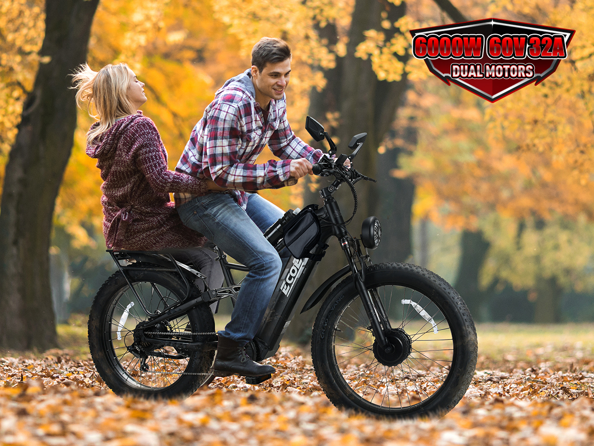 EcoE 6000W Dual Motor Electric Bike for Adults 52MPH with 60V32A, 26×4 Fat Tire All Terrain Ebikes, Full Suspension E Bike, SHM 7-Speed Gear Electric Bicycle
