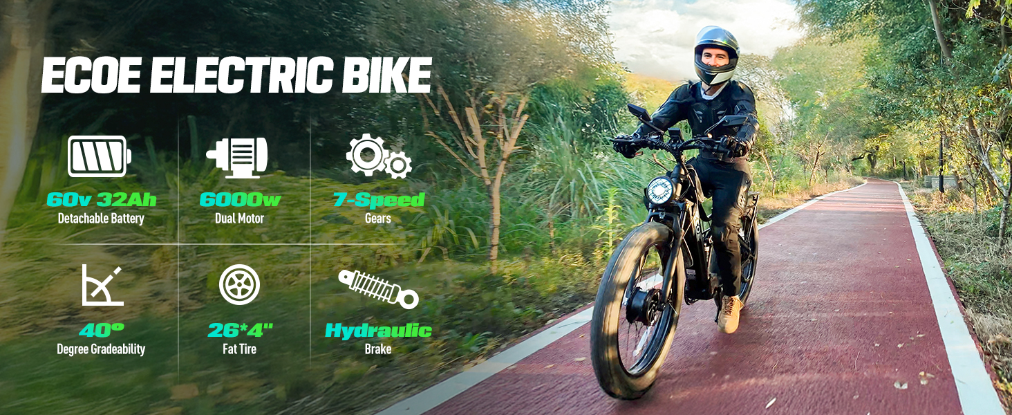 EcoE 6000W Dual Motor Electric Bike for Adults 52MPH with 60V32A, 26×4 Fat Tire All Terrain Ebikes, Full Suspension E Bike, SHM 7-Speed Gear Electric Bicycle