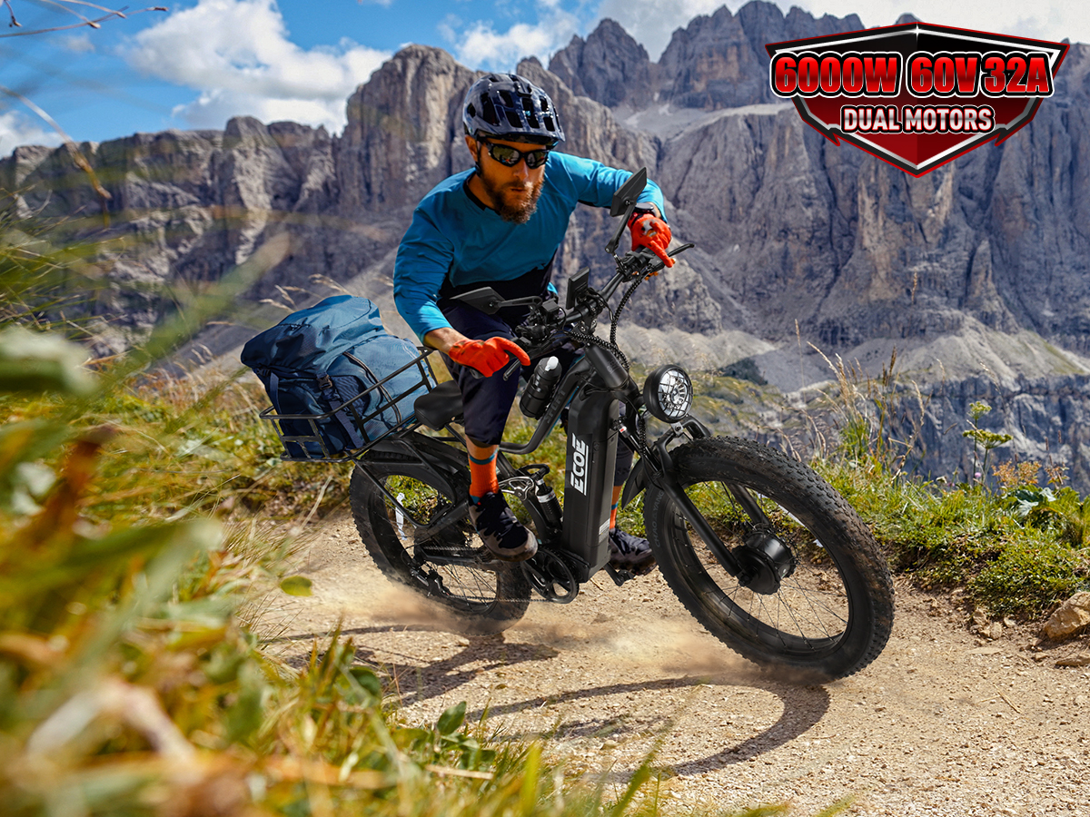 EcoE 6000W Dual Motor Electric Bike for Adults 52MPH with 60V32A, 26×4 Fat Tire All Terrain Ebikes, Full Suspension E Bike, SHM 7-Speed Gear Electric Bicycle