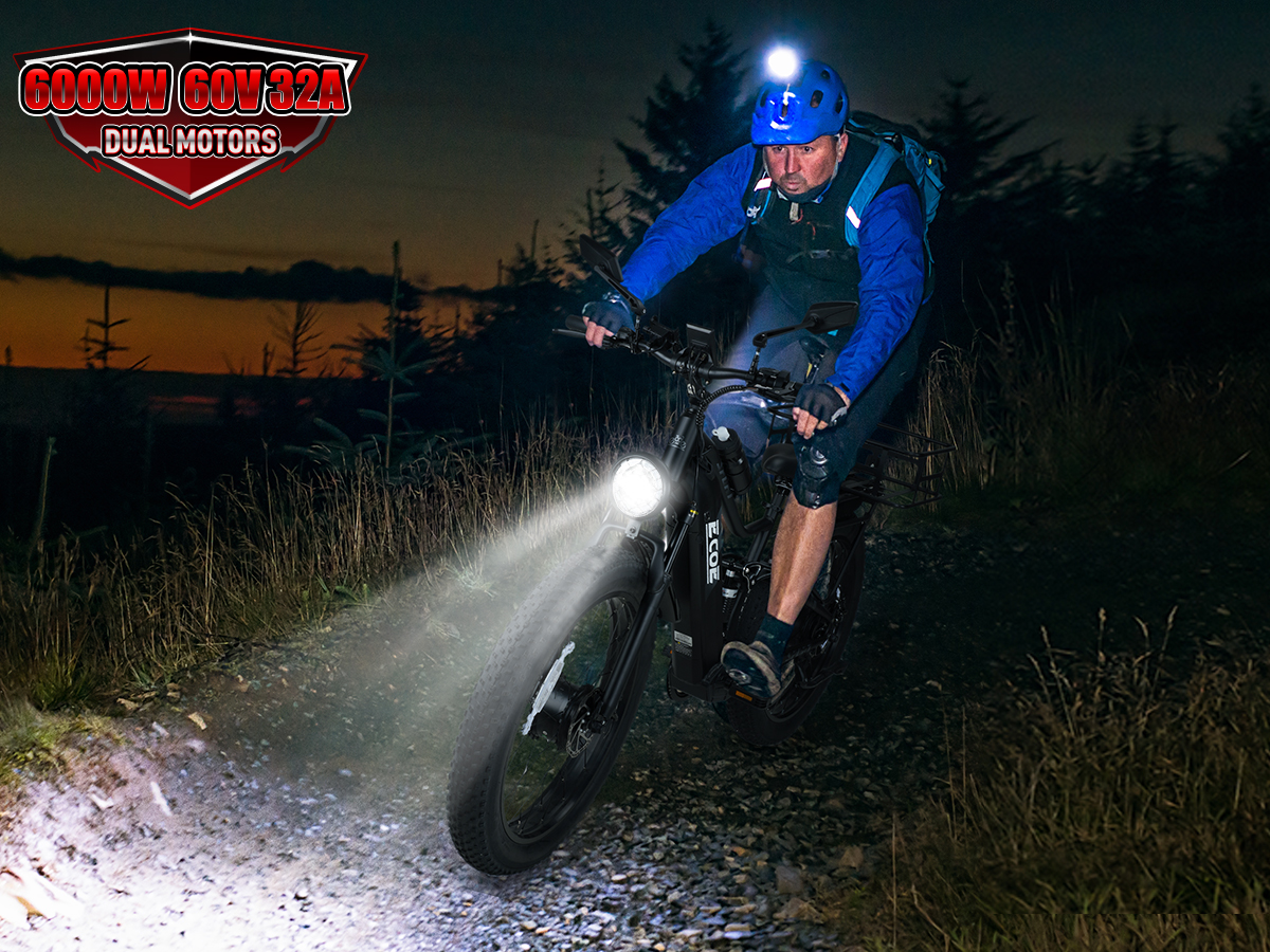 EcoE 6000W Dual Motor Electric Bike for Adults 52MPH with 60V32A, 26×4 Fat Tire All Terrain Ebikes, Full Suspension E Bike, SHM 7-Speed Gear Electric Bicycle