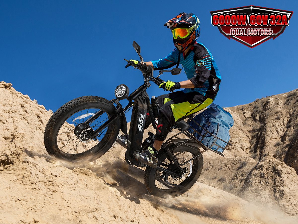 EcoE 6000W Dual Motor Electric Bike for Adults 52MPH with 60V32A, 26×4 Fat Tire All Terrain Ebikes, Full Suspension E Bike, SHM 7-Speed Gear Electric Bicycle