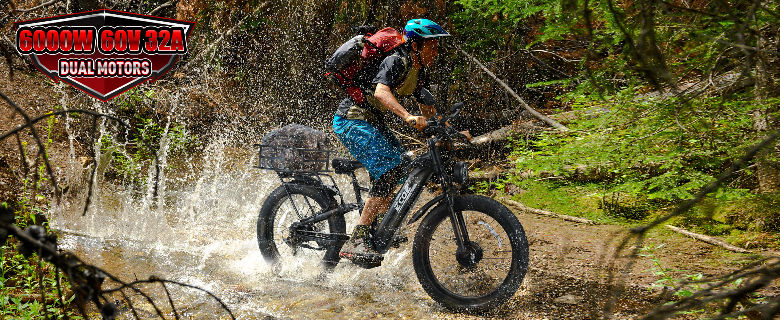 EcoE 6000W Dual Motor Electric Bike for Adults 52MPH with 60V32A, 26×4 Fat Tire All Terrain Ebikes, Full Suspension E Bike, SHM 7-Speed Gear Electric Bicycle