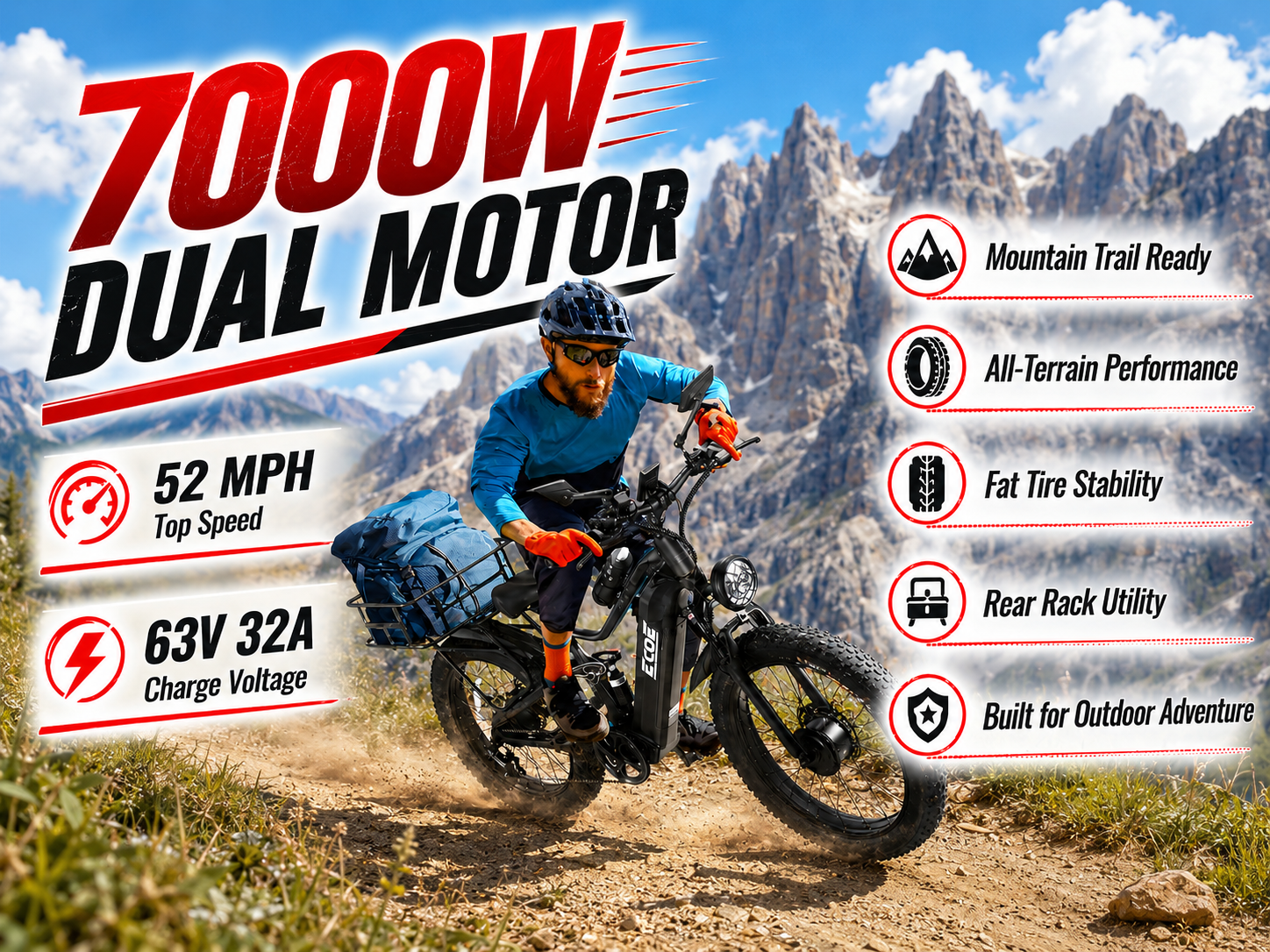 EcoE 7000W Dual Motor Electric Bike for Adults 52MPH Charge Voltage 63 V32A, 26×4 Fat Tire All Terrain Ebikes, Full Suspension E Bike, SHM 7-Speed Gear Electric Bicycle