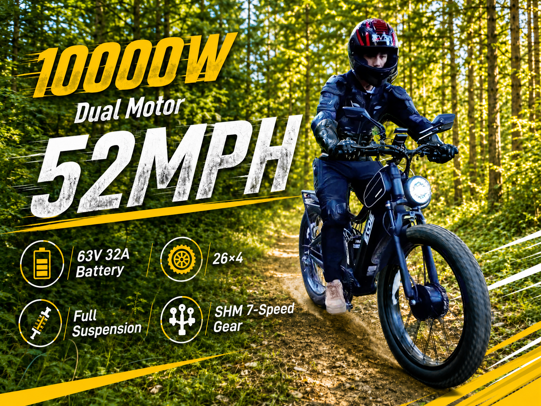 10000W Dual Motor Electric Bike for Adults 52MPH with Charge Voltage 63v Battery, 26×4 Fat Tire All Terrain Ebikes, Full Suspension E Bike, SHM 7-Speed Gear Electric