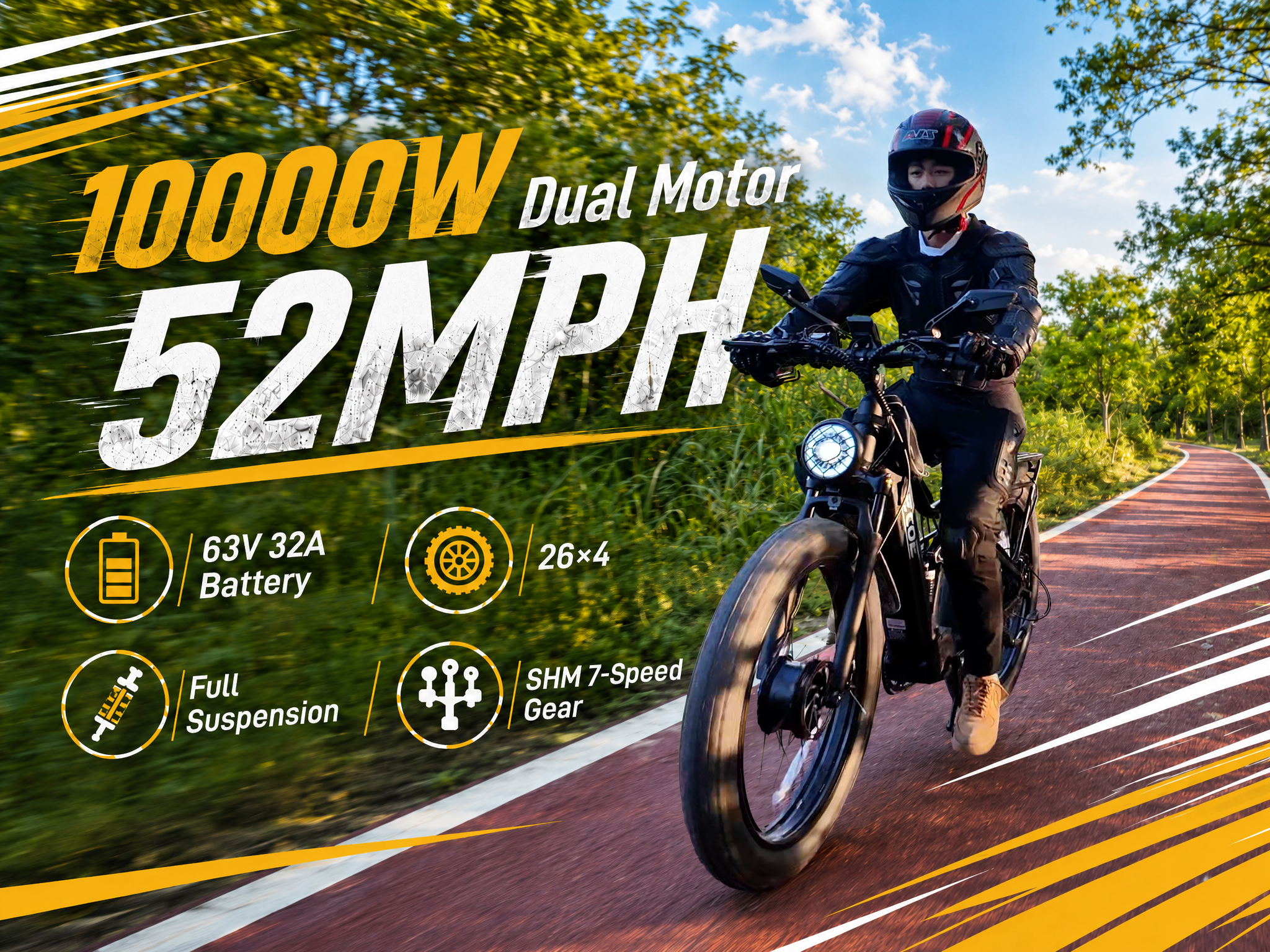 10000W Dual Motor Electric Bike for Adults 52MPH with Charge Voltage 63v Battery, 26×4 Fat Tire All Terrain Ebikes, Full Suspension E Bike, SHM 7-Speed Gear Electric