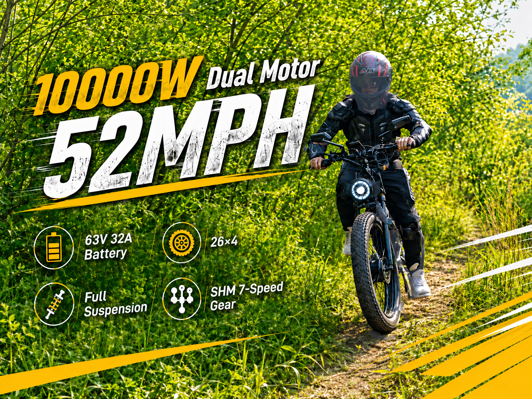 10000W Dual Motor Electric Bike for Adults 52MPH with Charge Voltage 63v Battery, 26×4 Fat Tire All Terrain Ebikes, Full Suspension E Bike, SHM 7-Speed Gear Electric