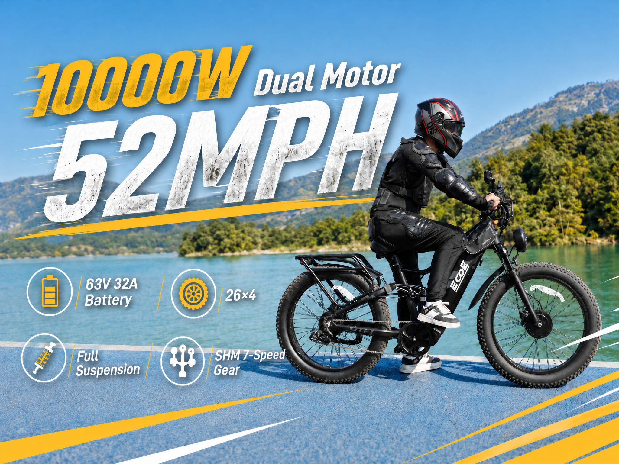 10000W Dual Motor Electric Bike for Adults 52MPH with Charge Voltage 63v Battery, 26×4 Fat Tire All Terrain Ebikes, Full Suspension E Bike, SHM 7-Speed Gear Electric