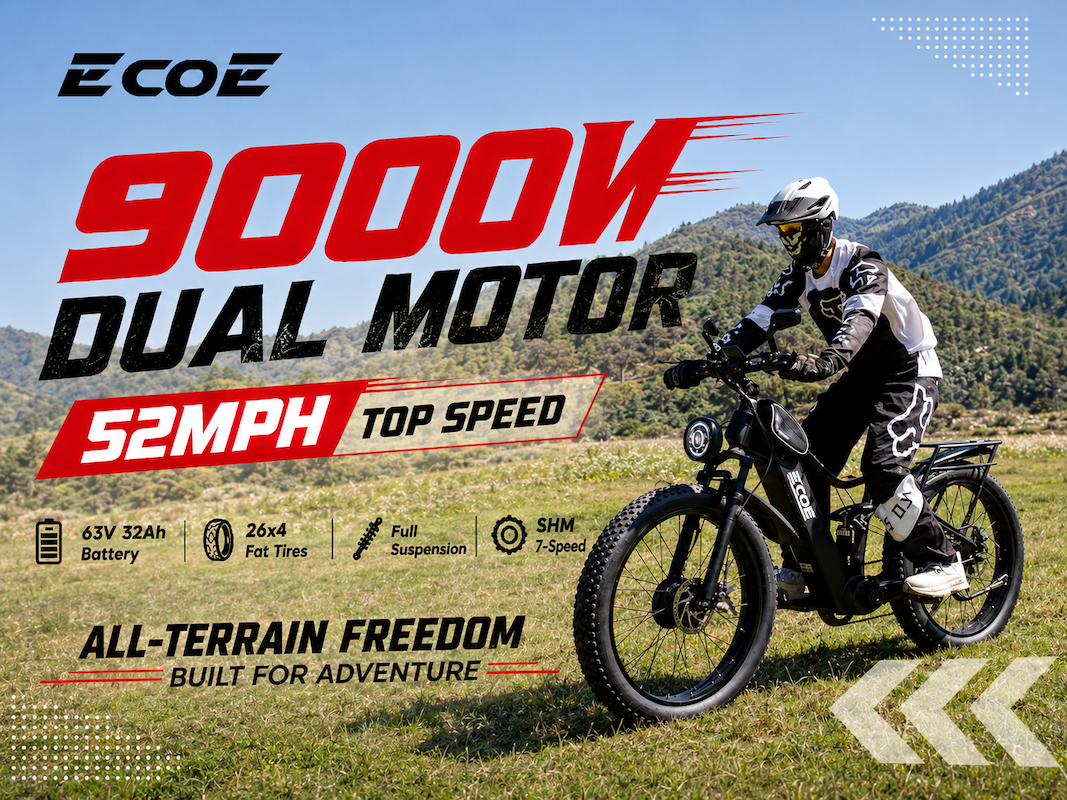 9000W Dual Motor Electric Bike for Adults 52MPH with Charge Voltage 63 V Battery, 26×4 Fat Tire All Terrain Ebikes, Full Suspension E Bike, SHM 7-Speed Gear Electric Bicycle