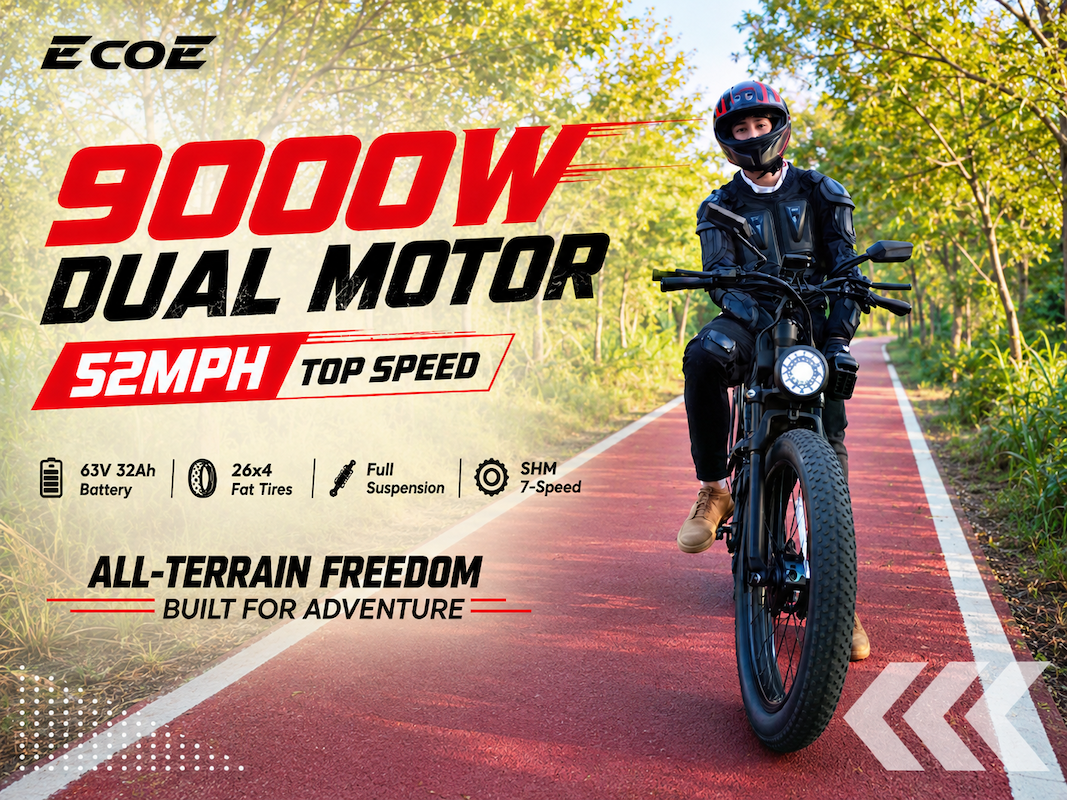 9000W Dual Motor Electric Bike for Adults 52MPH with Charge Voltage 63 V Battery, 26×4 Fat Tire All Terrain Ebikes, Full Suspension E Bike, SHM 7-Speed Gear Electric Bicycle