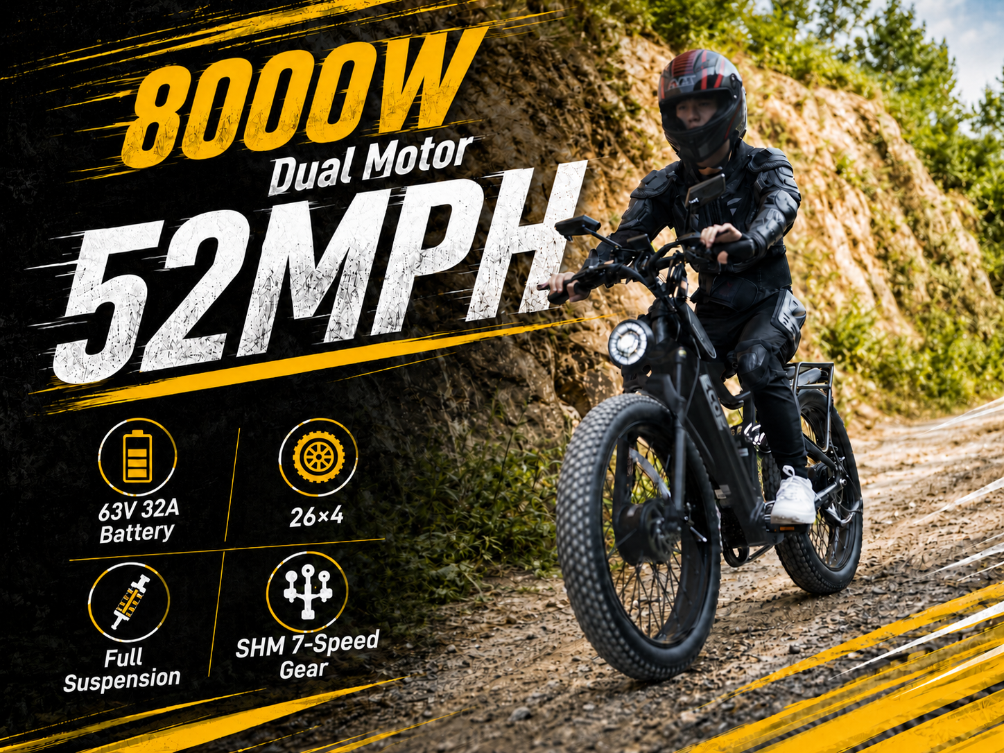 8OOOW Dual Motor Electric Bike for Adults 5OMPH 60V32A, 26×4 Fat Tire All Terrain Ebikes, Full Suspension E Bike, 7-Speed Gear Electric Bicycle
