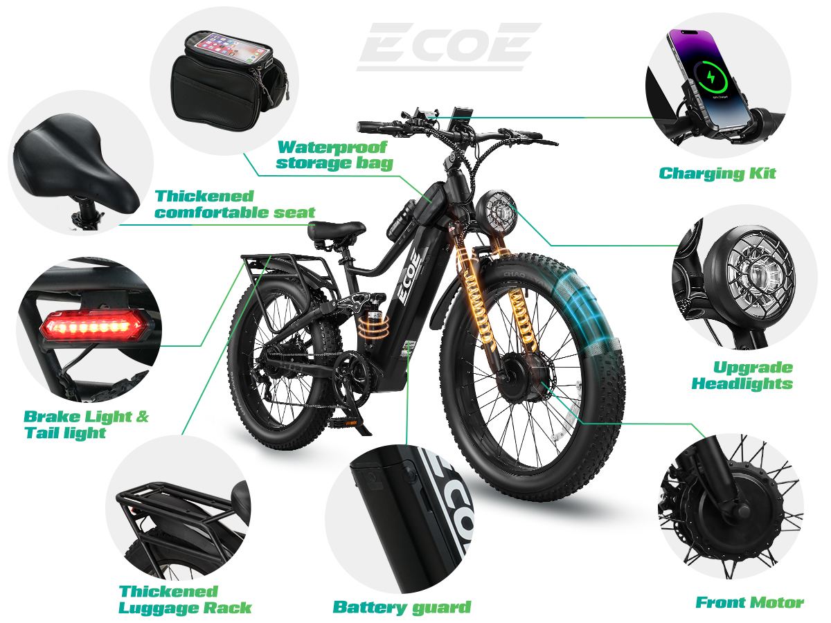 8OOOW Dual Motor Electric Bike for Adults 5OMPH 60V32A, 26×4 Fat Tire All Terrain Ebikes, Full Suspension E Bike, 7-Speed Gear Electric Bicycle