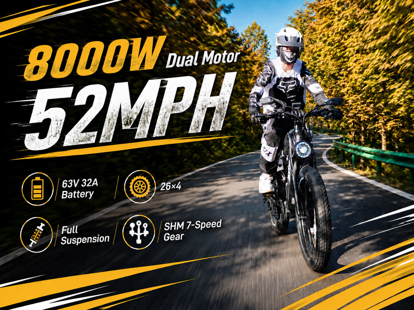 8OOOW Dual Motor Electric Bike for Adults 5OMPH 60V32A, 26×4 Fat Tire All Terrain Ebikes, Full Suspension E Bike, 7-Speed Gear Electric Bicycle