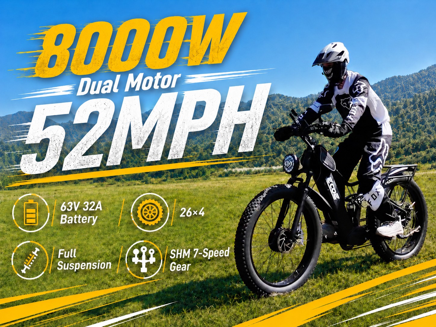 8OOOW Dual Motor Electric Bike for Adults 5OMPH 60V32A, 26×4 Fat Tire All Terrain Ebikes, Full Suspension E Bike, 7-Speed Gear Electric Bicycle