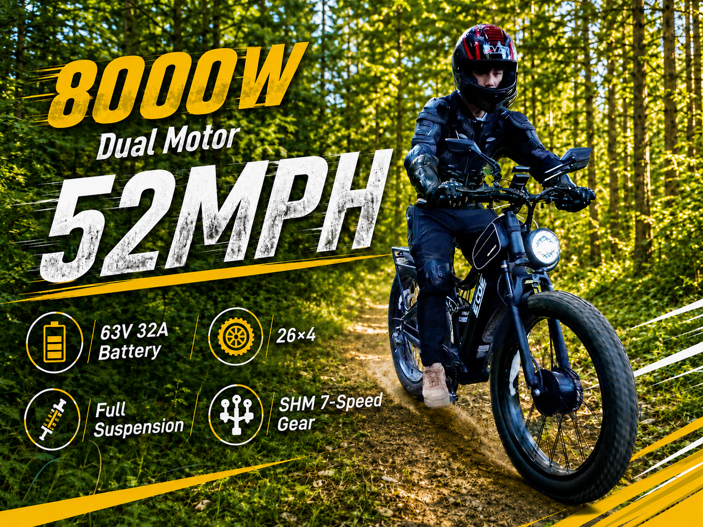 8OOOW Dual Motor Electric Bike for Adults 5OMPH 60V32A, 26×4 Fat Tire All Terrain Ebikes, Full Suspension E Bike, 7-Speed Gear Electric Bicycle