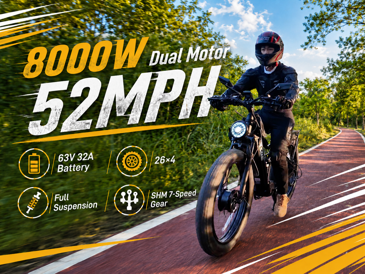 8OOOW Dual Motor Electric Bike for Adults 5OMPH 60V32A, 26×4 Fat Tire All Terrain Ebikes, Full Suspension E Bike, 7-Speed Gear Electric Bicycle