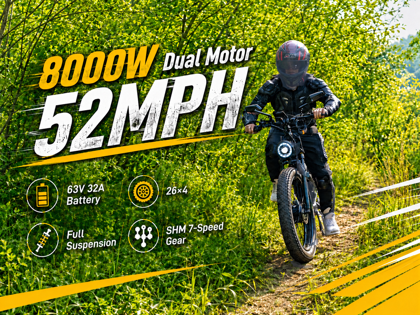8OOOW Dual Motor Electric Bike for Adults 5OMPH 60V32A, 26×4 Fat Tire All Terrain Ebikes, Full Suspension E Bike, 7-Speed Gear Electric Bicycle