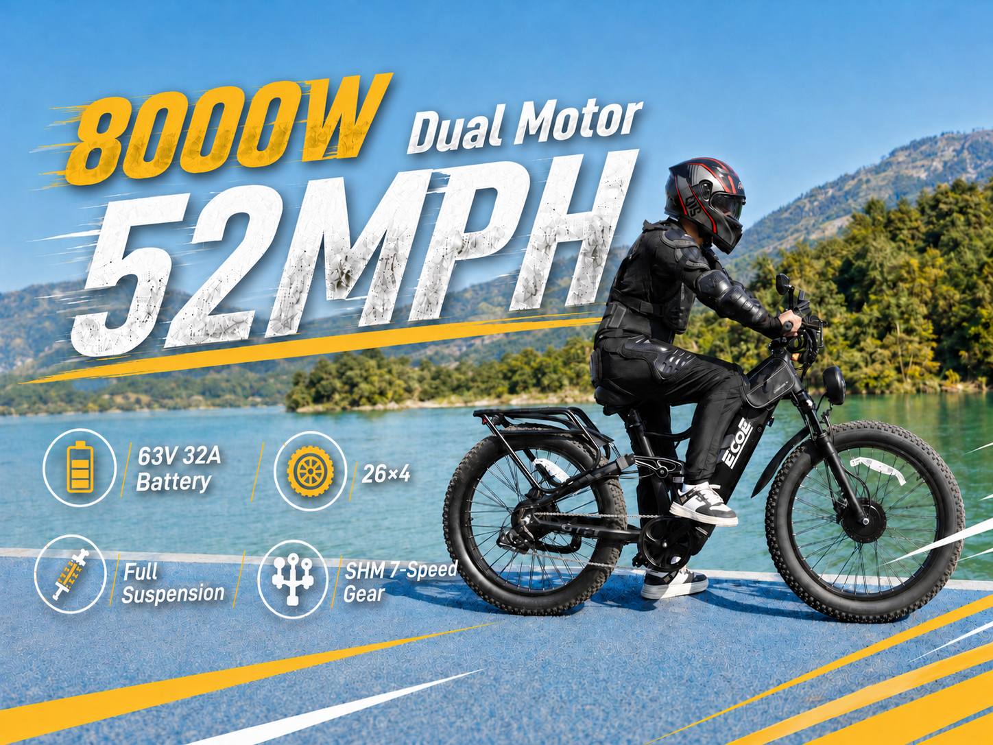 8OOOW Dual Motor Electric Bike for Adults 5OMPH 60V32A, 26×4 Fat Tire All Terrain Ebikes, Full Suspension E Bike, 7-Speed Gear Electric Bicycle